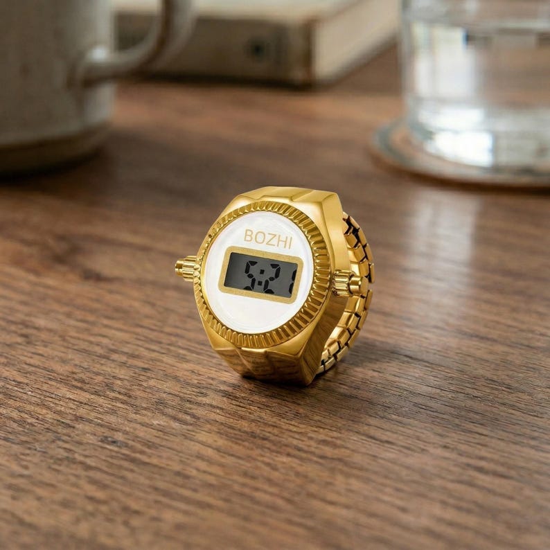 Electronic Ring Watch, Creative Finger Watch for Men Women, Minimalist Alloy Digital Watch, Unique Jewelry Gift, Trendy Rotating Dial Watch White
