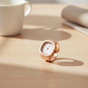 May include: A rose gold ring watch with a square face and white dial. The watch has a minimalist design and is set on a light wooden surface. A white mug and rolled paper are in the background.