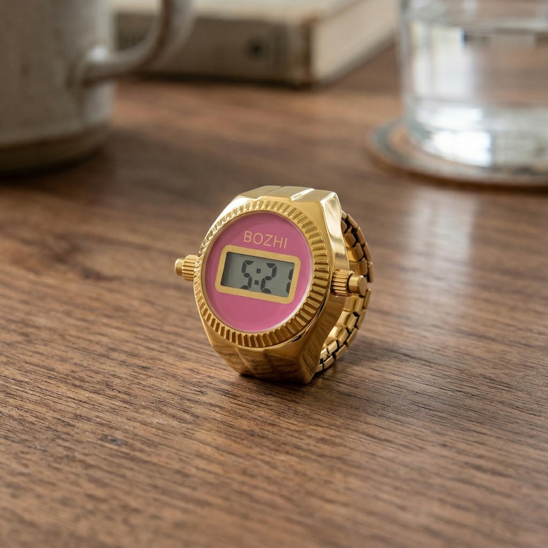 Electronic Ring Watch, Creative Finger Watch for Men Women, Minimalist Alloy Digital Watch, Unique Jewelry Gift, Trendy Rotating Dial Watch Pink