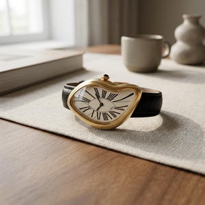 May include: A wristwatch with a black leather strap and an irregular, gold-toned metal case. The off-white dial features black Roman numerals and black hands, with a small black crown at the top of the case. The design has a distorted, fluid shape.