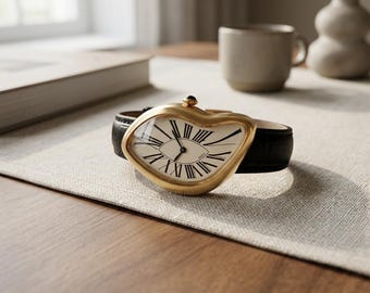 Melting Watch Surrealist Dali Inspired | Unique Leather Strap Wrist Watch | Artistic Statement Timepiece | Weird Quirky Gift for Her Him