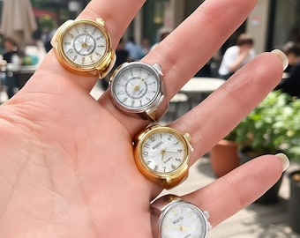 Finger Watch Ring | Y2K Vintage Ring Watch | Stainless Steel & 18K Gold Plated | Retro Band Watch Jewelry, Gold Silver Unisex Statement Ring