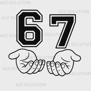 May include: Black and white graphic featuring the numbers 6 and 7, with a stylized font, above two cupped hands. The design is set against a light gray background. The text "A2Z SOLUTION" is repeated around the image.