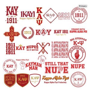 May include: A collection of red and white Kappa Alpha Psi fraternity graphics. Designs include the letters KAY, Greek symbols, the year 1911, and phrases like "Straight Outta Kappa Alpha Psi" and "Big Steppas."