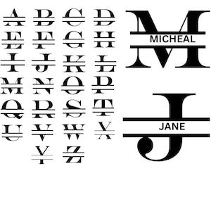 May include: Black monogram alphabet letters A-Z with a horizontal line through the middle. Two larger black monogram letters M and J with names Micheal and Jane. The letters are in a sans-serif font.