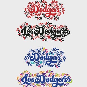 May include: Four variations of the word "Dodgers" and "Los Dodgers" in a decorative floral design. The top design is red, the second is black, the third is blue, and the fourth is a mix of colors. All are on a light gray background.