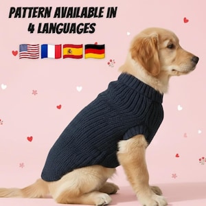 May include: A golden retriever wearing a navy blue dog sweater. The image includes the text "PATTERN AVAILABLE IN 4 LANGUAGES" with flags of the USA, France, Spain, and Germany on a pink background with heart and flower accents.