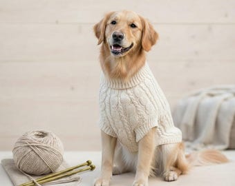 Strickanleitung für einen Hundepullover mit Zopfmuster, cremeweiße PDF-Datei zum Selberstricken für Haustiere, mittelschwere DIY-Kleidung