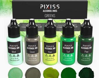 May include: A set of five Pixiss Alcohol Inks in green shades, including Mint, Stone, Kiwi, Turf, and Pine. Each 0.5 fl oz bottle has a black cap and a label with the ink name. Swatches of each color are displayed below the bottles.