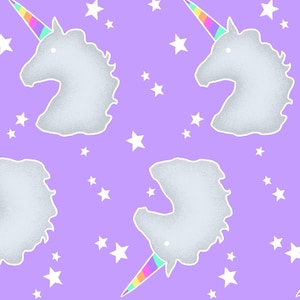 May include: A repeating pattern on a light purple background featuring stylized unicorn heads in a textured light gray. Each unicorn has a vibrant rainbow-colored horn and is surrounded by scattered white five-pointed stars of varying sizes.