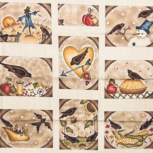 May include: A fabric panel featuring a grid of rectangular illustrations with brown borders. The scenes depict black crows in various settings, including a scarecrow, a snowman, a heart with an arrow, a pumpkin, a pie, a watering can, and corn.