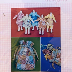 May include: A product image featuring six fabric dolls in various patterned outfits, a drawstring bag, and a group of dolls. The text "Rosalie Quinlan designs" and "Little Bag of Dollies" are also visible.