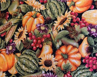 Telas de otoño cortadas a medida, tela para acolchado de otoño, tela de algodón para acolchado con estampado de calabazas, tela para acolchado de Acción de Gracias, tela de algodón con purpurina, tela brillante