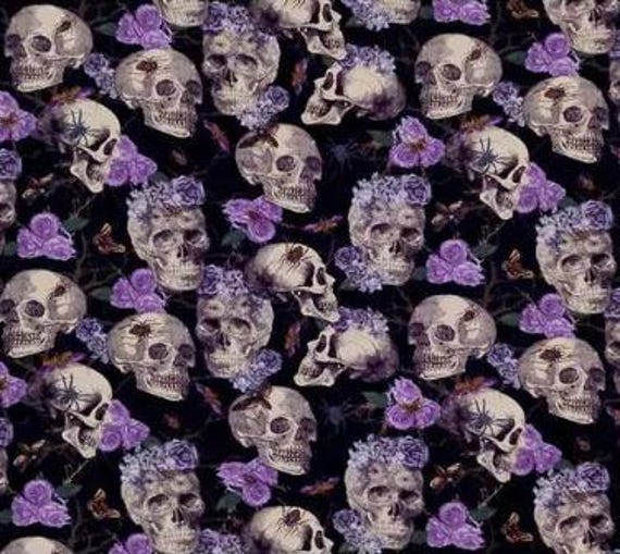 Haunted Hollow Skulls Purple Roses Anti Pill Plush Fleece Fabric - Midweight - 100% Polyester Black Gray Fabrics by the Yard