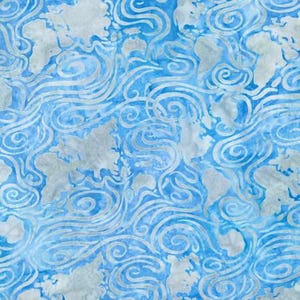 May include: A fabric pattern featuring a light blue background with a watercolor effect, overlaid with white, swirling, wind-like lines and faint, stylized silhouettes of world continents scattered across the surface in a repeating design.