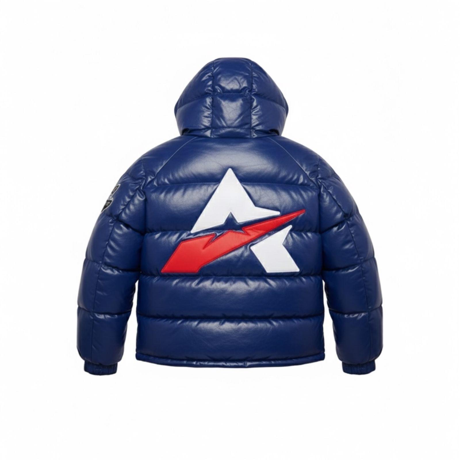 Men's Blue Avirex Style Puffer Jacket With Hood – Shiny Quilted