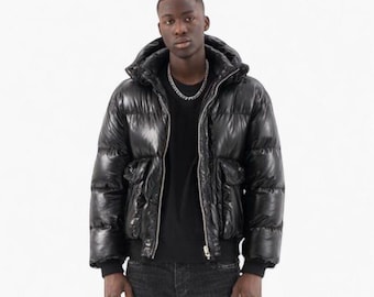 Męska czarna kurtka typu bubble oversize z jagnięcej skóry – puchowa kurtka motocyklowa – odzież uliczna, motocyklowa, grunge, odzież wierzchnia vintage