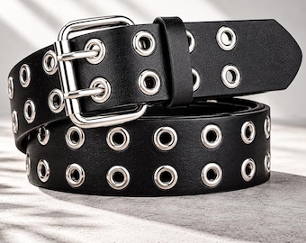 Double Grommet Leather Belt, Emo Punk Belt, Gothic Waist Belt, Grunge Streetwear Accessory for Men and Women