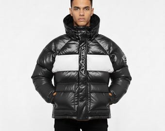 Czarna skórzana kurtka typu bubble w stylu Avirex – męska pikowana kurtka zimowa z kapturem