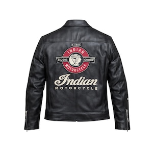 Indian Motorcycle Leather Jacket – Svart herrjacka med motorcykelmotiv, märke för förargrupp, vintage-motorcykeljacka