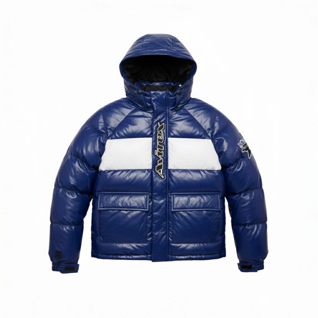 Men's Blue Avirex Style Puffer Jacket With Hood – Shiny Quilted