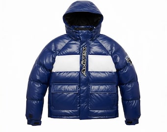 Męska niebieska kurtka puchowa w stylu Avirex z kapturem – lśniący pikowany płaszcz zimowy – kurtka typu bubble w stylu streetwear