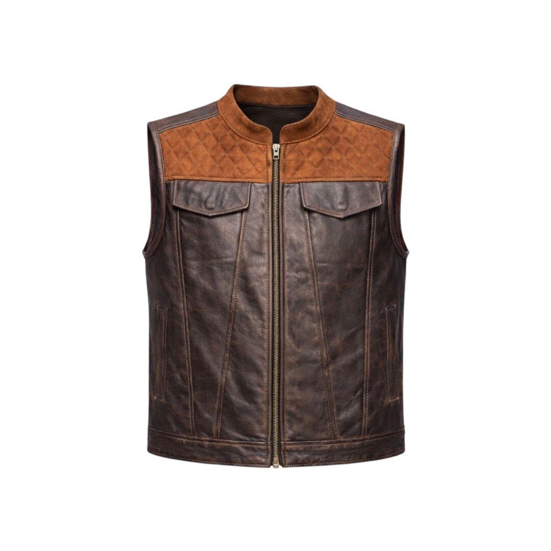Vest Ridning Men’s Vintage Leather Riding Vest | Quilted Shoulder Motorcycle Gilet ...