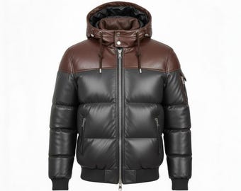 Męska dwukolorowa skórzana kurtka typu bomber z kapturem – pikowana zimowa kurtka typu bomber