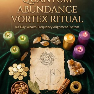 Puede incluir: Una disposición de velas, cristales, monedas, nueces y especias sobre una superficie de terciopelo verde oscuro. La imagen incluye el texto "QUANTUM ABUNDANCE VORTEX RITUAL" y "40-Day Wealth Frequency Alignment System".