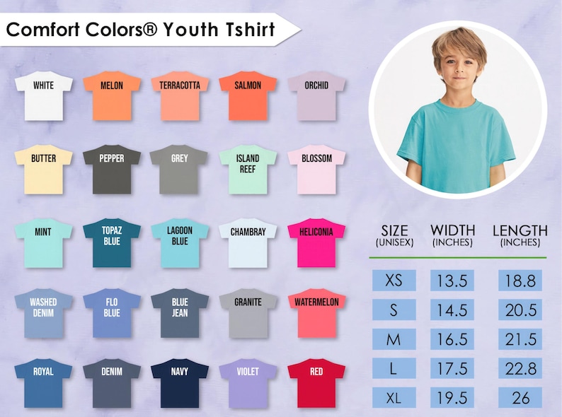 Op de afbeelding: Een selectie Comfort Colors&reg; jeugd-T-shirts in diverse kleuren, waaronder wit, meloen en rood. De afbeelding toont een maattabel met afmetingen in cm, van XS tot XL, met breedtes van 34.3 cm tot 49.5 cm en lengtes van 47.8 cm tot 66 cm.