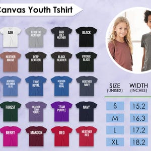 Op de afbeelding: Afbeelding van Bella Canvas jeugd t-shirts in diverse kleuren, waaronder wit, zwart en grijs. De afbeelding toont maten in inches, met breedtes van 15,2 tot 18,2 inch en lengtes van 20,9 tot 24,4 inch. De tekst 'Bella Canvas Youth Tshirt' staat bovenaan.