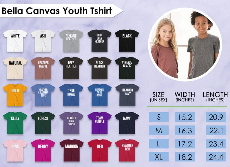 Op de afbeelding: Afbeelding van Bella Canvas jeugd t-shirts in diverse kleuren, waaronder wit, zwart en grijs. De afbeelding toont maten in inches, met breedtes van 15,2 tot 18,2 inch en lengtes van 20,9 tot 24,4 inch. De tekst 'Bella Canvas Youth Tshirt' staat bovenaan.