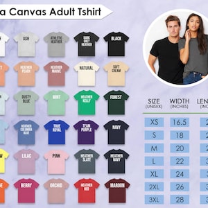 Op de afbeelding: Een productpresentatie met Bella Canvas volwassen t-shirts in verschillende kleuren, waaronder wit, zwart en heather grey. De afbeelding bevat ook een maattabel met afmetingen in inches (1 inch = 2,54 cm) en een foto van een man en een vrouw die de shirts dragen.