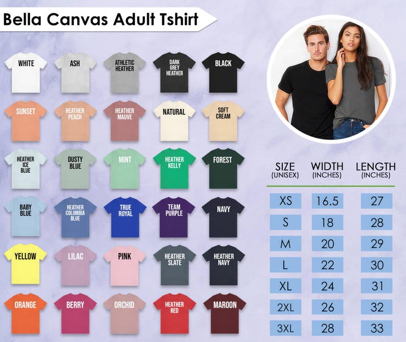 Op de afbeelding: Een productpresentatie met Bella Canvas volwassen t-shirts in verschillende kleuren, waaronder wit, zwart en heather grey. De afbeelding bevat ook een maattabel met afmetingen in inches (1 inch = 2,54 cm) en een foto van een man en een vrouw die de shirts dragen.