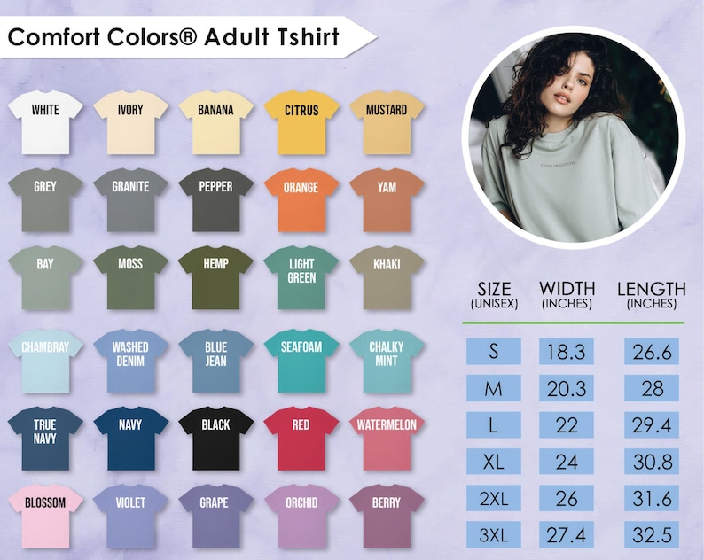 Op de afbeelding: Een kleurenkaart voor Comfort Colors volwassen T-shirts met diverse kleuren, waaronder wit, ivoor, banaan, citrus en mosterd. De afbeelding bevat ook een maattabel met afmetingen in inches voor unisex maten S tot 3XL, tot 82.5 cm lang.