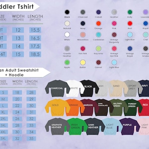 Op de afbeelding: Productafbeelding met een maattabel voor peuter-T-shirts en Gildan sweatshirts en hoodies voor volwassenen. De tabel bevat afmetingen voor maat, breedte en lengte in inches, samen met een kleurenpalet met beschikbare opties.
