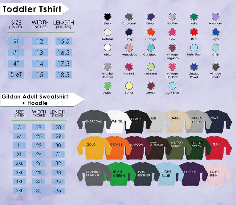 Op de afbeelding: Productafbeelding met een maattabel voor peuter-T-shirts en Gildan sweatshirts en hoodies voor volwassenen. De tabel bevat afmetingen voor maat, breedte en lengte in inches, samen met een kleurenpalet met beschikbare opties.