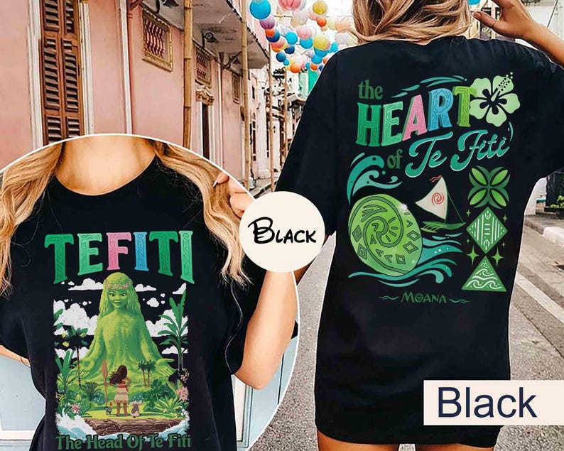May include: Black t-shirts with graphics from the animated film Moana. One shirt features the text "TEFITI" with an image of Te Fiti. The other shirt has "the HEART of Te Fiti" with Moana-themed illustrations.