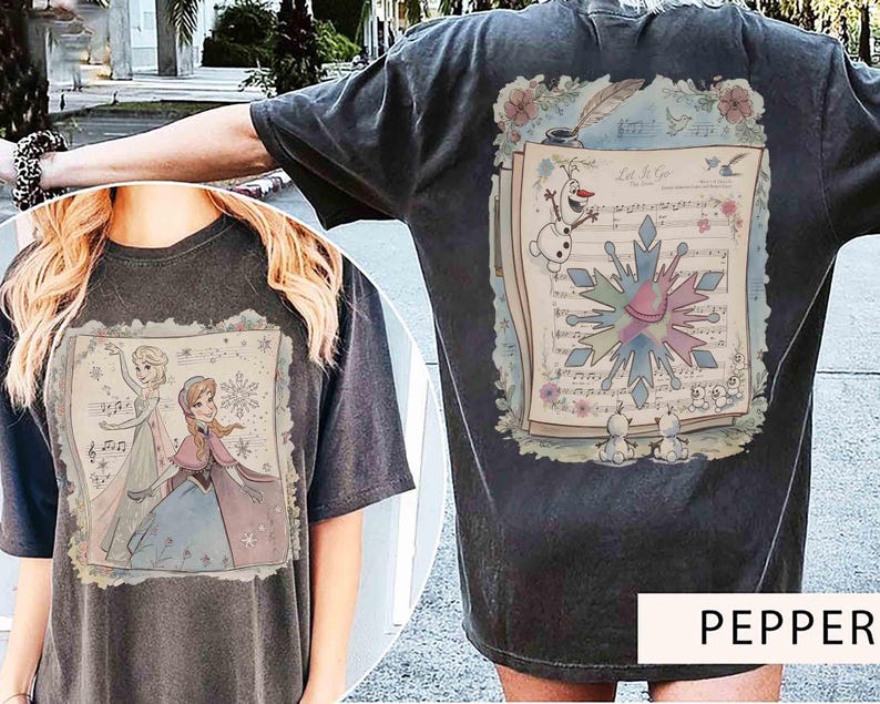 2-sided Disney Frozen Let It Go The Snow Song Comfort Colors Shirt, Anna Elsa Princess & Olaf Floral Tee, Gift For Her, Disneyland Girl Trip image 2