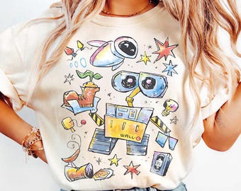 Wall-E and Eve Comfort Colors Shirt, Retro Watercolor Pixar Tee, Disney Pixar Shirt, Cute Robot Love Shirt, Disneyland WDW Trip Family Gift