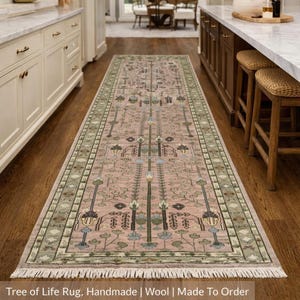 Tapis en laine noué à la main Arbre de vie, tapis de passage vintage, tapis décoratif bohème
