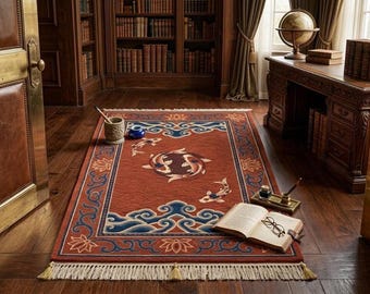 Koi Fish Rug Hand Knotted Wool Area Rug Japanese Carpet