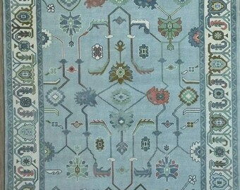Hand Knotted Blue Oushak Rug, Vintage Wool Area Rug, Custom Turkish Carpet