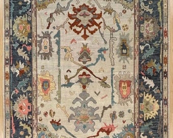 Beige Blue Oushak Rug Hand Knotted Wool Vintage Turkish Area Rug For Home Decor