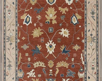 Rust Oushak Rug Hand Knotted Wool Vintage Floral Area Rug for Home Decor