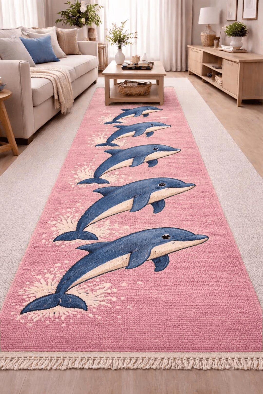 Pink Dolphin Fish Wool Rug Handmade Hallway Runner - Etsy