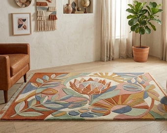 Alfombra bohemia floral con mechones, alfombra abstracta botánica de lana hecha a mano para sala de estar.