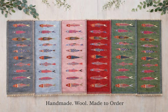 Hand-Knotted Wool Fish Runner Rug – Tribal Folk Art Hallway Carpet (3ftx6ft)