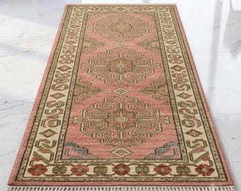 Pink Oushak Runner Rug Hand Knotted Wool Hallway Carpet Custom Size