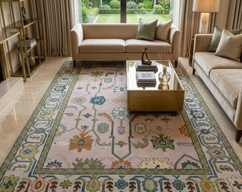 Alfombra de lana morada anudada a mano, alfombra vintage Oushak con estampado floral botánico para el hogar.